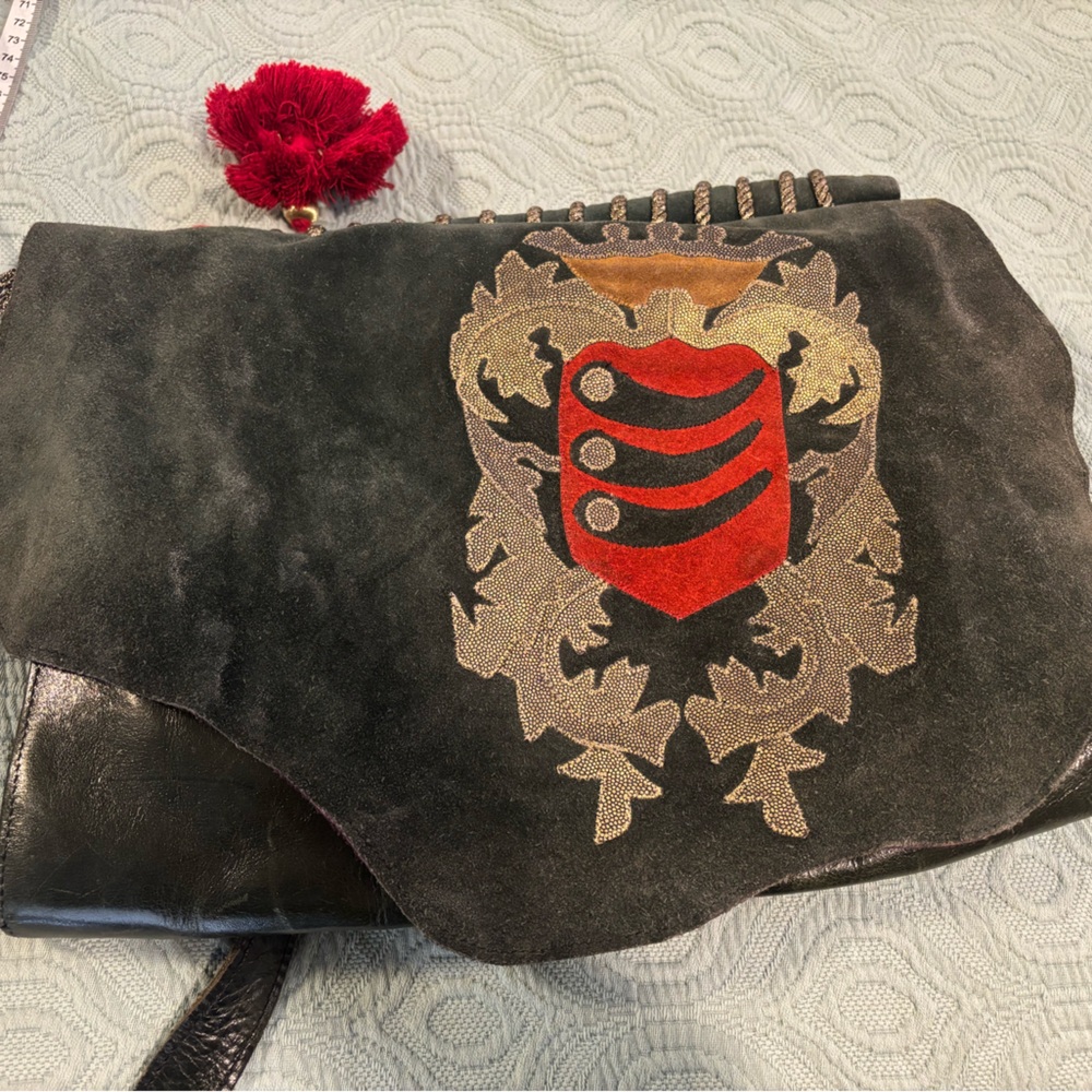 Vintage Carlos Falchi Black and Red Crest purse with purple suede interior flap